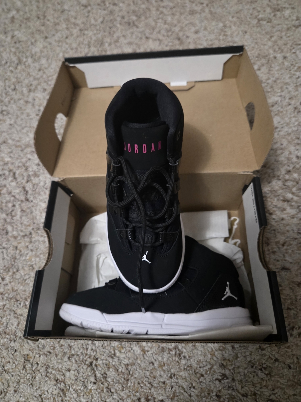 Jordan Kids Black Sneakers with White Soles and Pink Branding